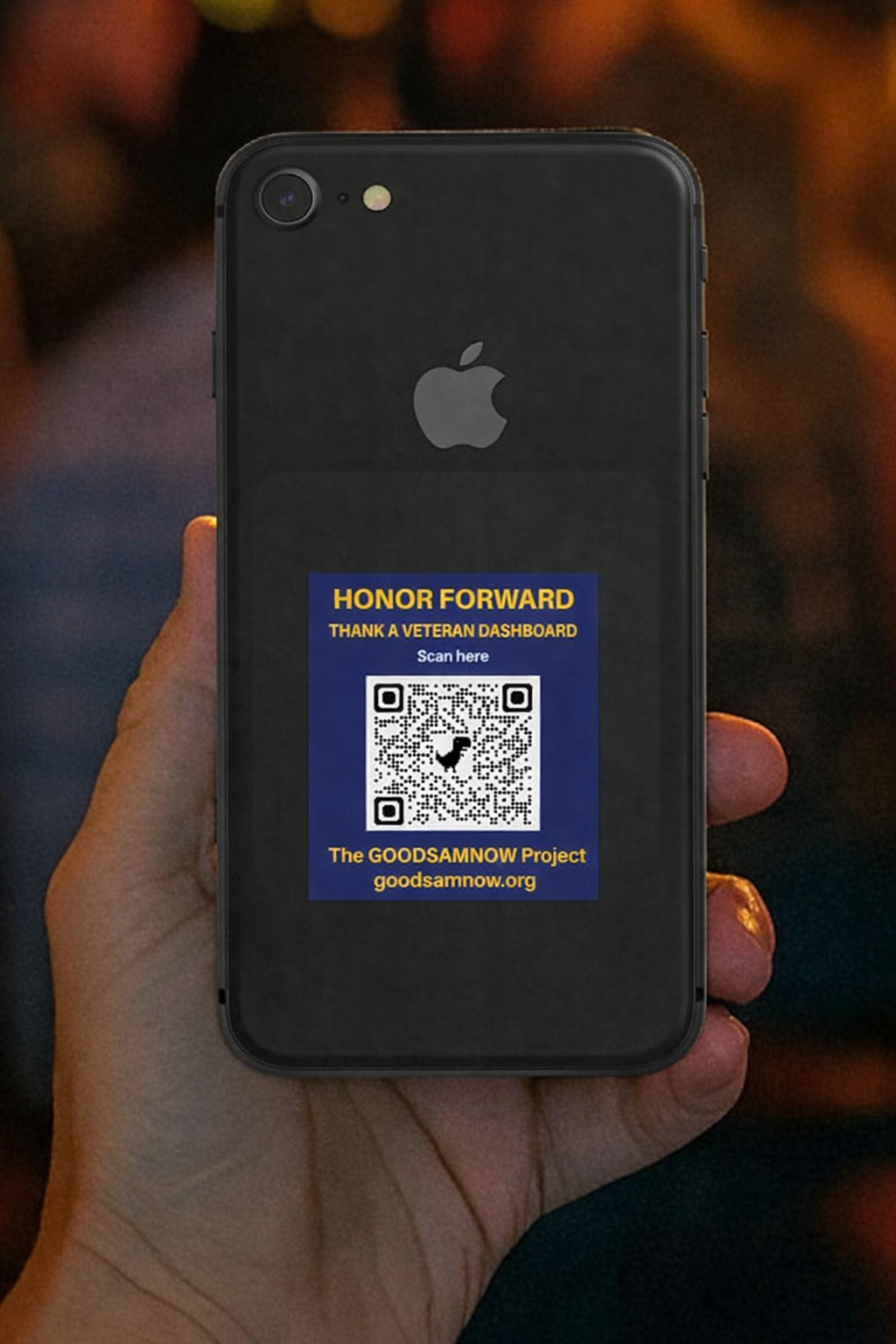 Honor Forward — Thank a Veteran Dashboard QR code sticker on a phone, from The GOODSAMNOW Project